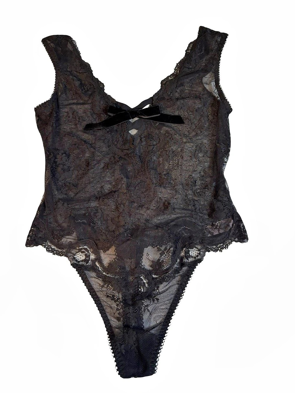 Victoria's Secret Black floral Lace Teddy Bodysuit with velvet bow Size Large